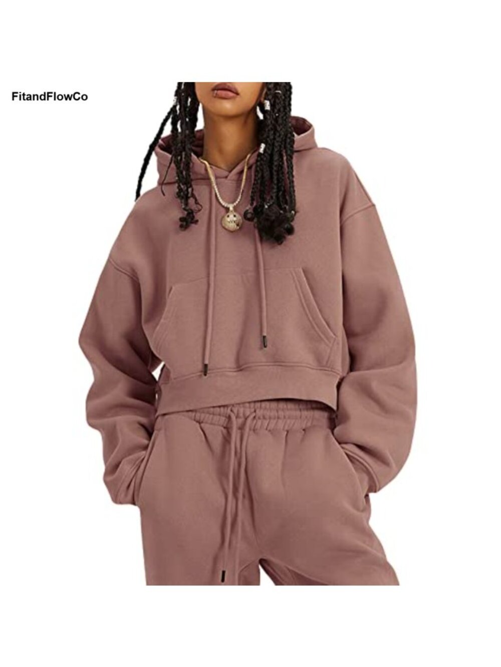 Fleece Hoodie Crop Top Jogger Set 2-Piece Sweatsuit Women